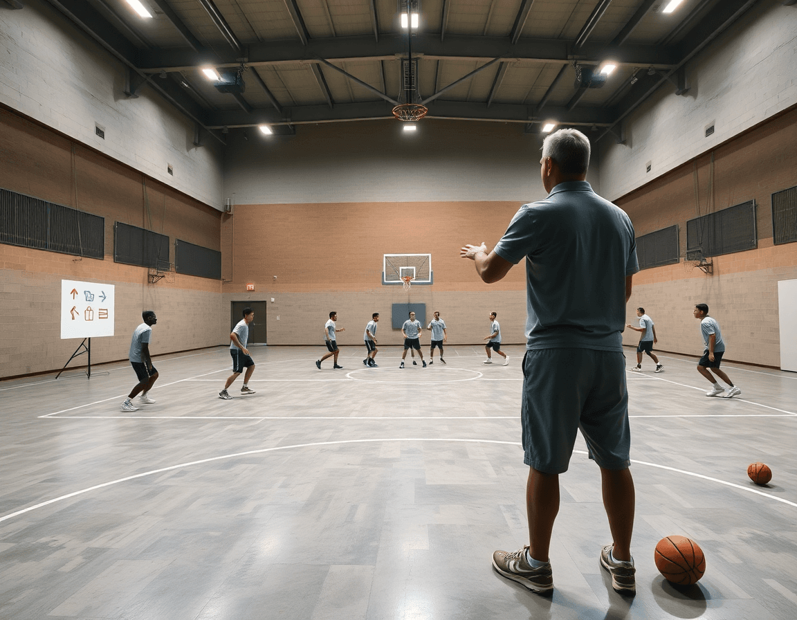 Wide-angle shot of basketball motion offense practice in a concrete gym with coach and players.