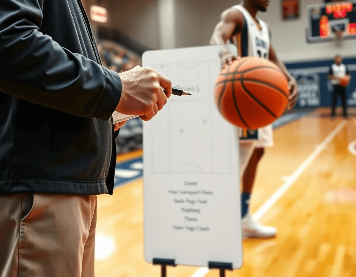 Close-up on a coach's hands drawing a basketball play on a whiteboard while a player holds a basketball.