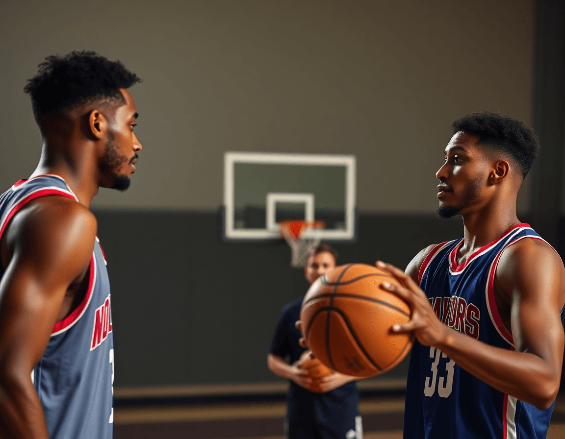 Two players practice a basketball passing drill near the top; a coach watches with a basketball.