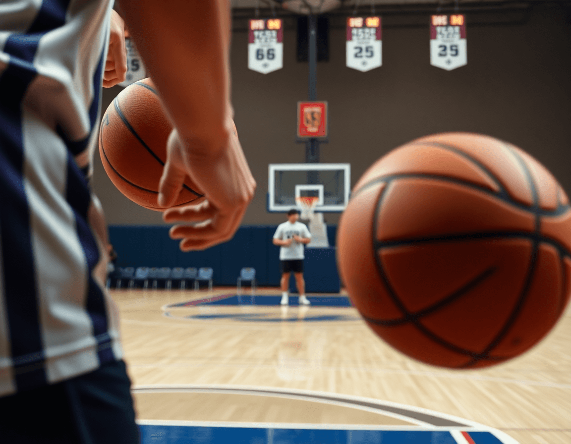 Close-up of a basketball shot during a drill, with a coach signaling and another basketball ready.