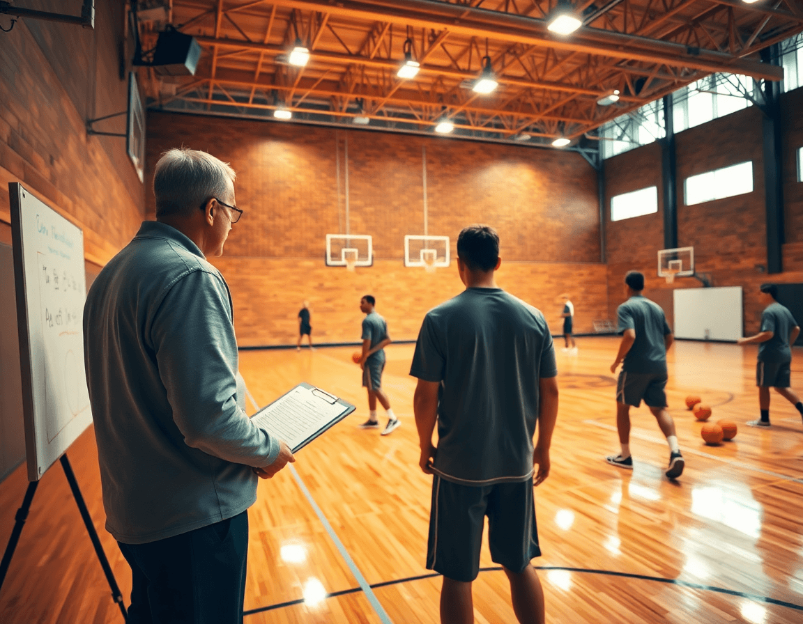 Wide gym scene showing basketball offense pdf planning with coaches and basketball players during practice.