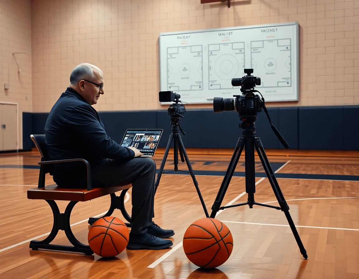 Coach reviews basketball offenses against man to man video library on a laptop during practice.