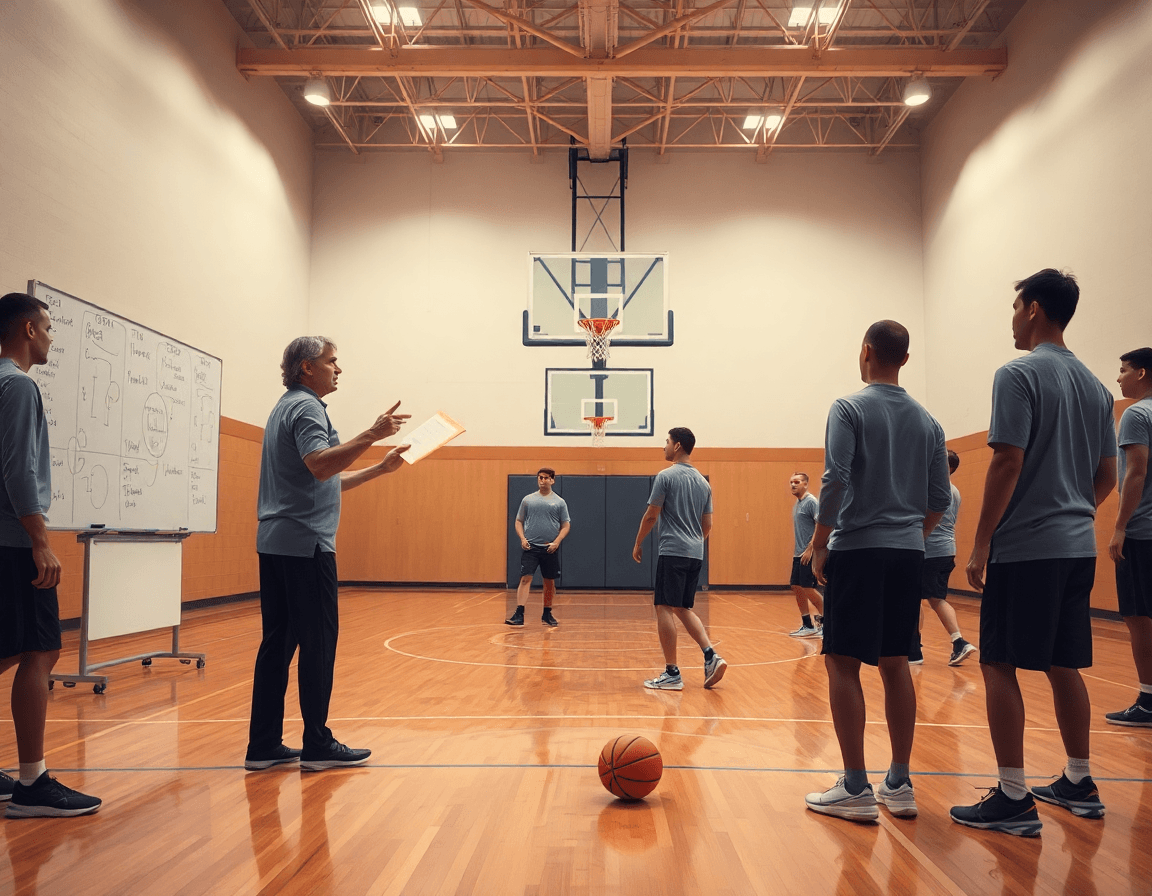 Team practices basketball offenses against man to man in a bright gym, coach guiding players.