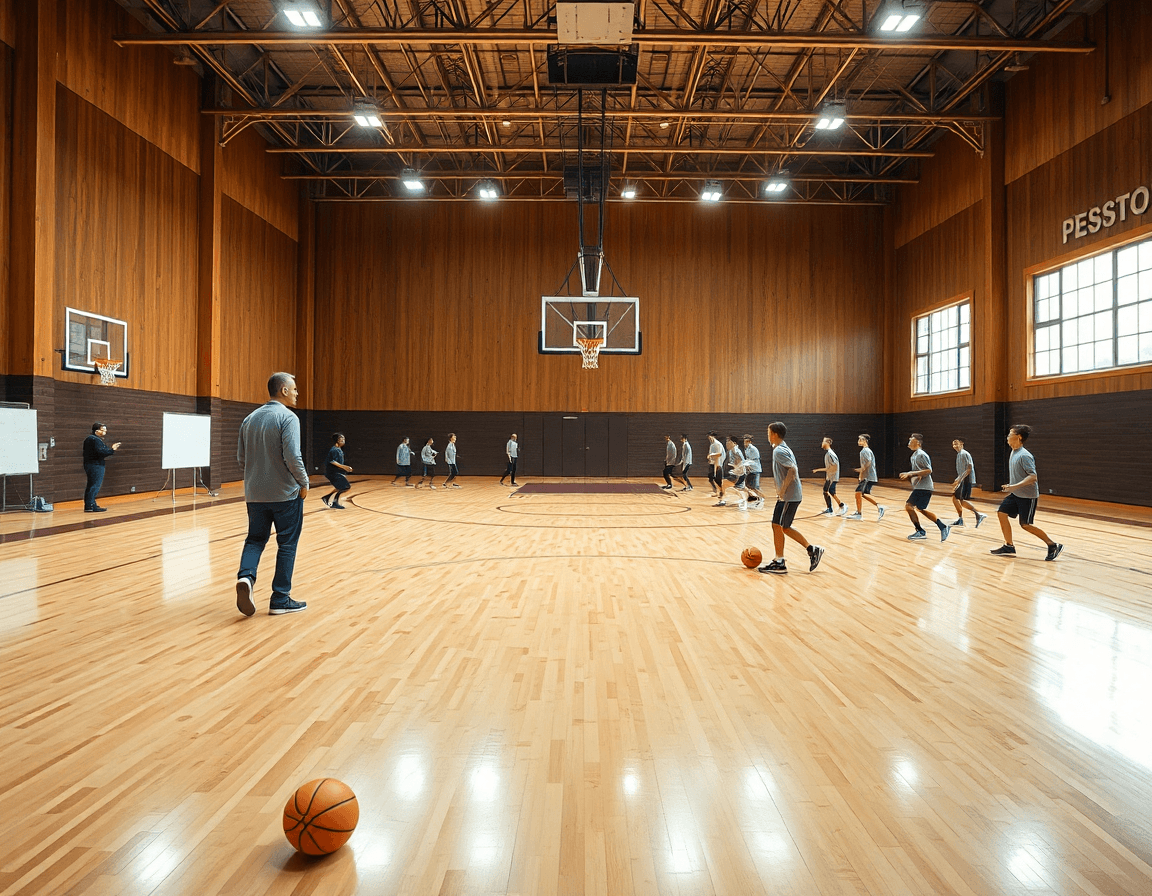 Wide gym scene showing basketball passing and shooting drills under a coach's guidance.