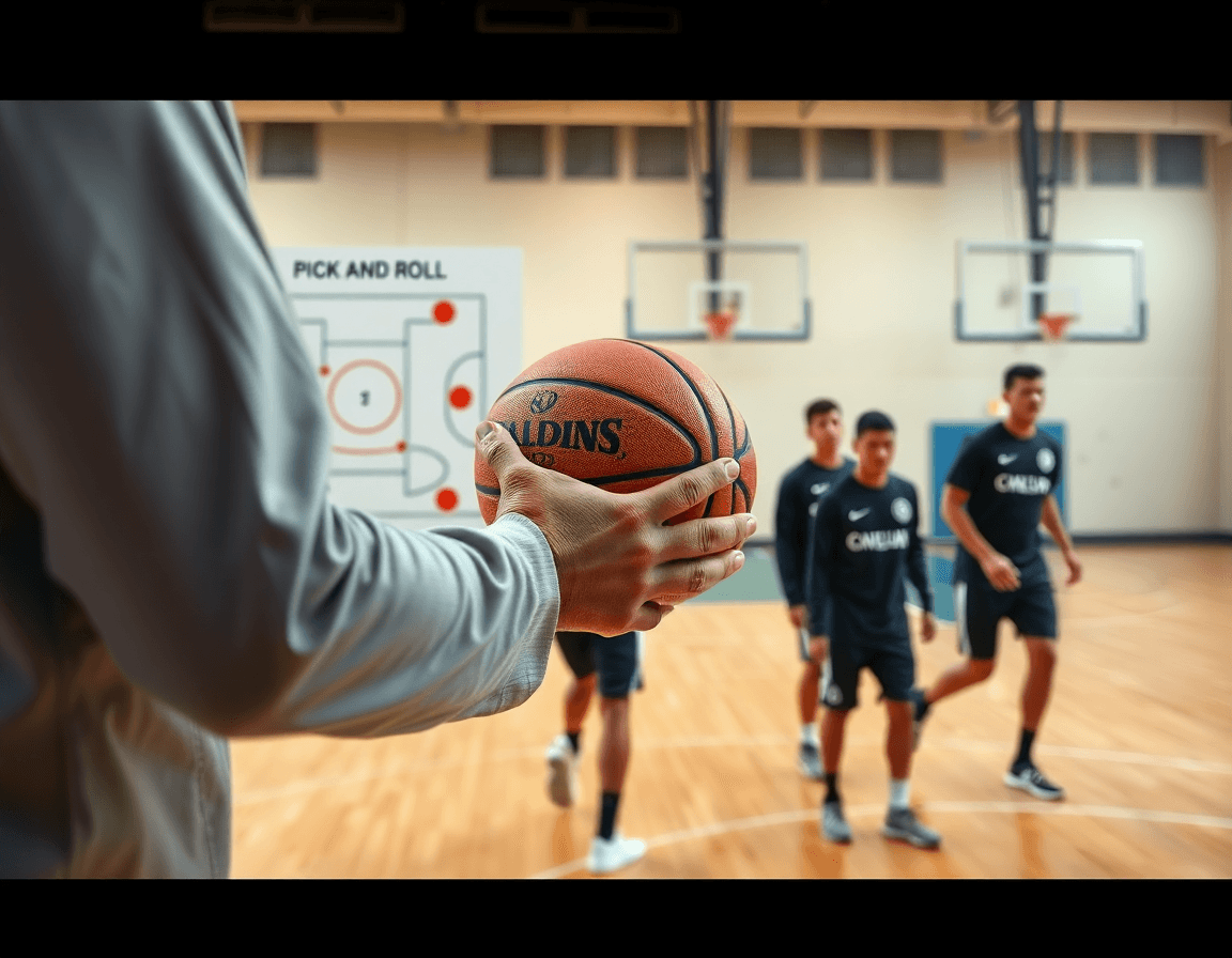 Close-up on basketball pick and roll drills, coach directing with a whiteboard.