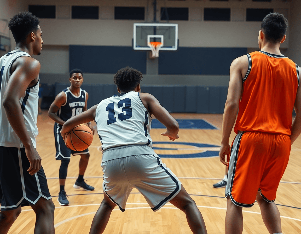 Intense moment in basketball pick and roll drills with a ball handler reading the defense.