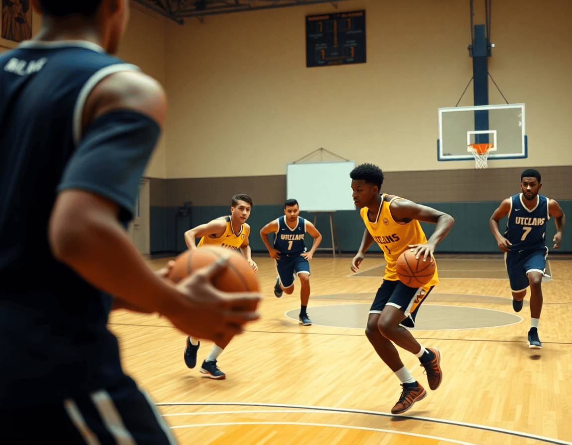 Close-up of basketball pick and roll drills sequence with a ball handler reading the defense.