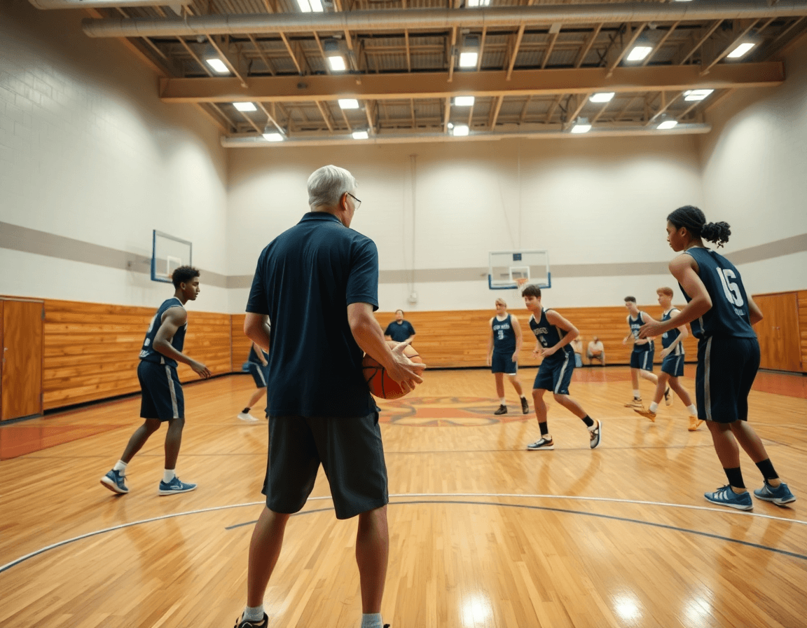 Wide gym scene showing basketball pick and roll drills with a coach directing players.