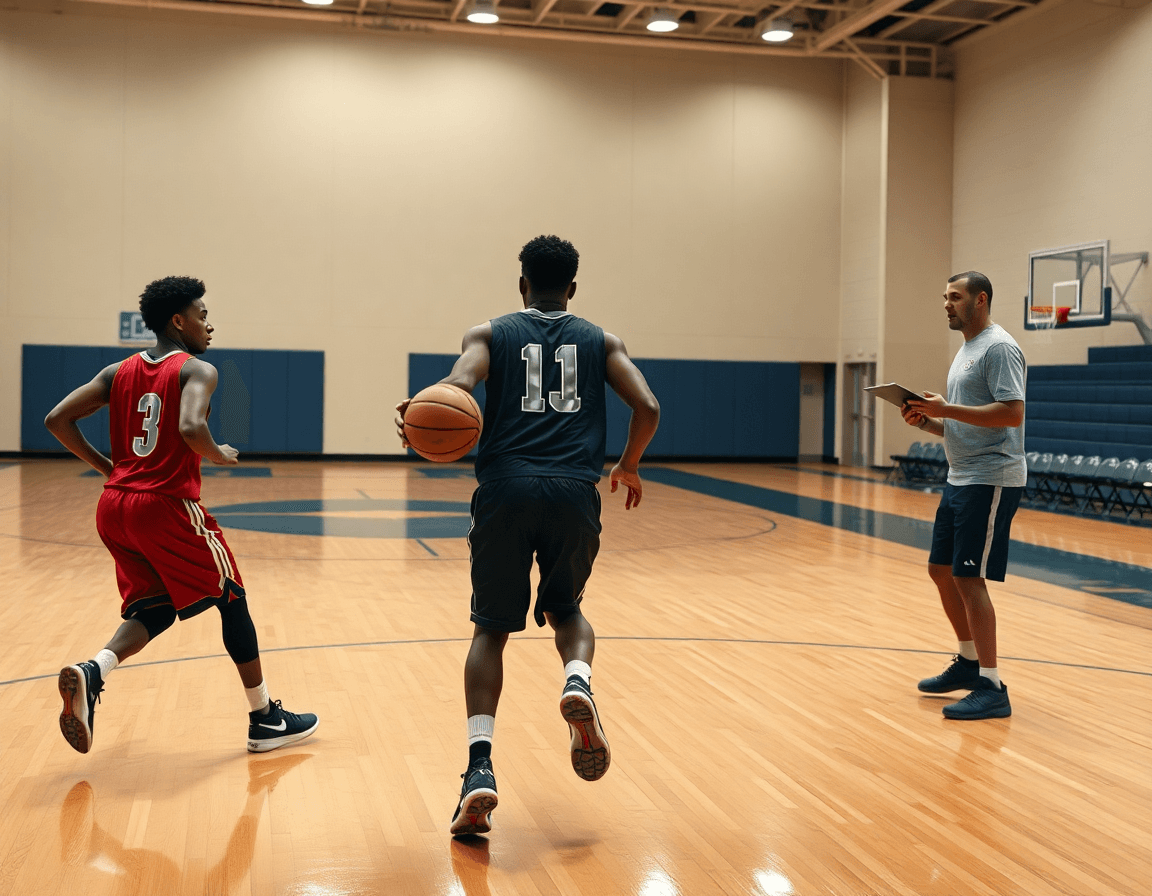 Basketball pick and roll reads drilled on the hardwood as coach times reps with a clipboard.