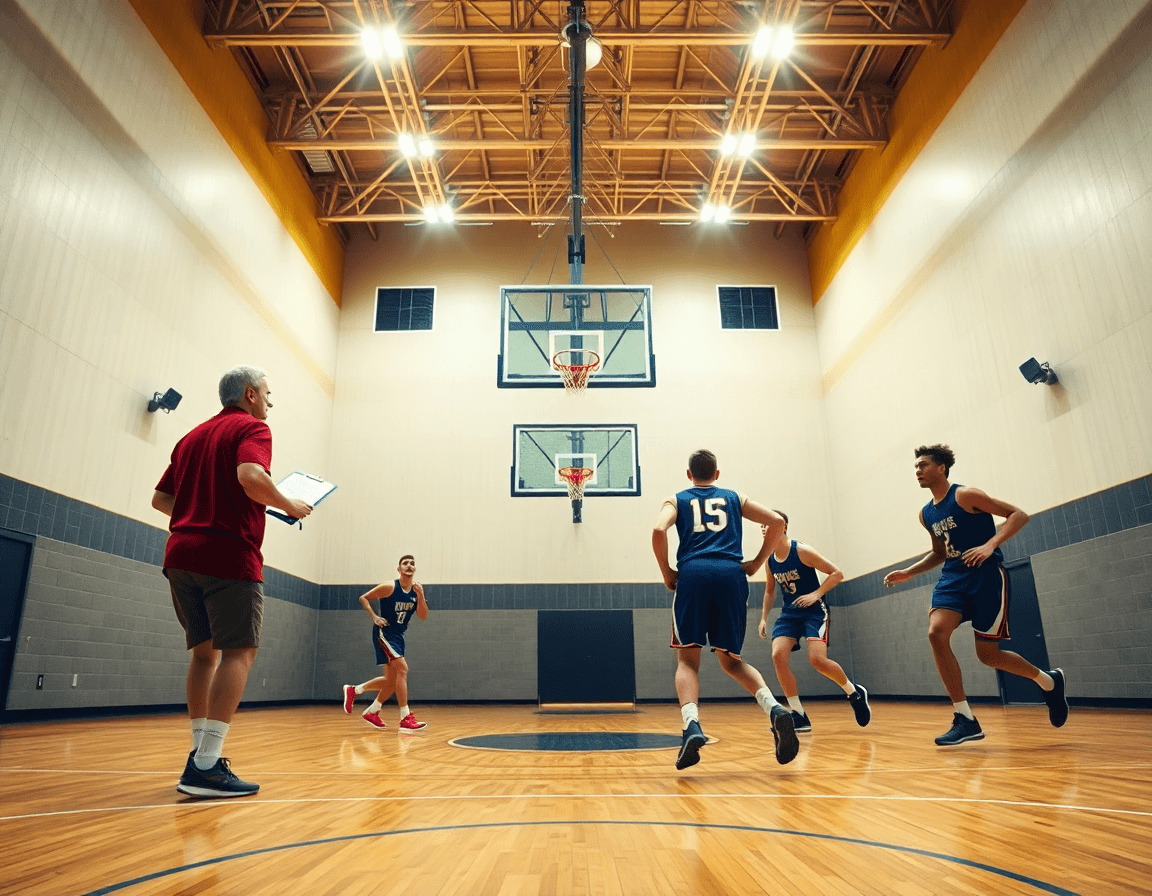 Wide gym scene with coach and players practicing basketball pick and roll during drills.