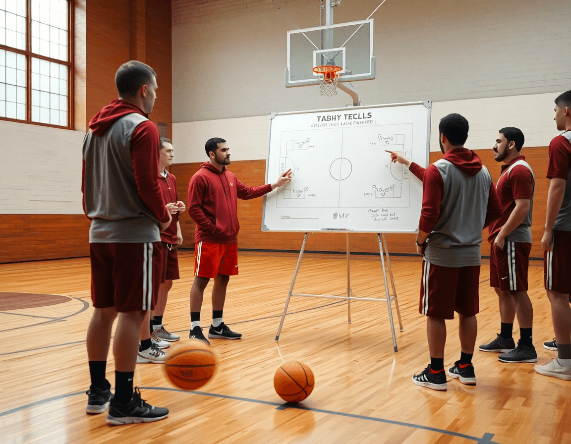 Close-up of a coach guiding basketball pick up lines into weekly plays on a whiteboard.