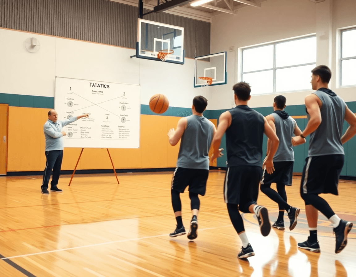 Wide shot of basketball pick up lines becoming weekly plays on the full-court basketball drill.