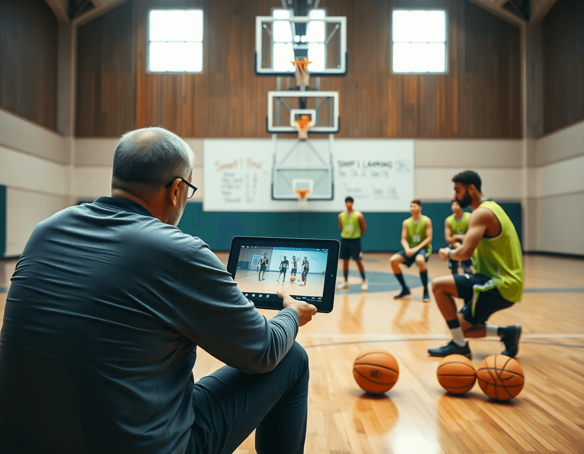 Video-driven basketball pick up lines demonstrated to players during a practice session on the hardwood.