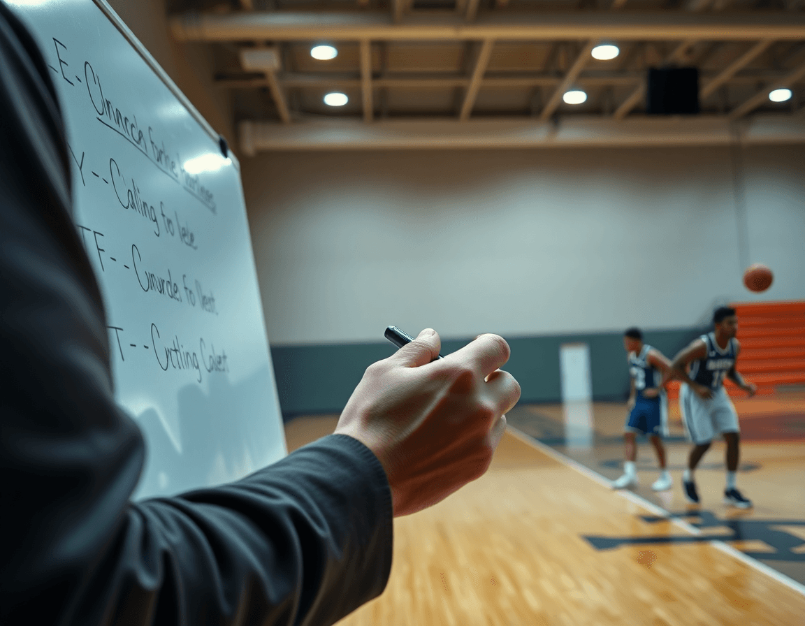 Close-up of coach signaling basketball play calling signals during a basketball drill on a hardwood.