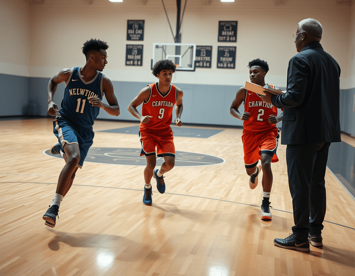 Tight shot of coach with clipboard illustrating basketball play calling signals to players on a basketball court.