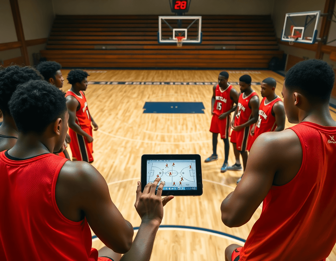 Group huddle on a wooden basketball court, players watching a tablet for basketball play calling signals.