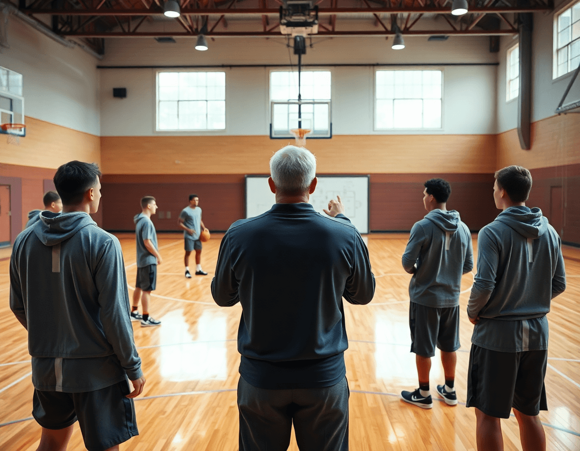 Wide basketball gym scene showing basketball play calling signals during a focused practice.