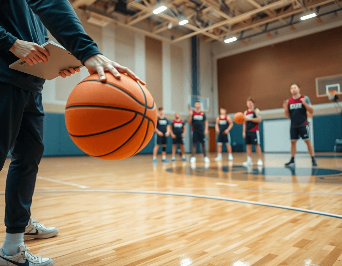 Close-up on hands and a basketball on the hardwood, basketball play designer app in action.