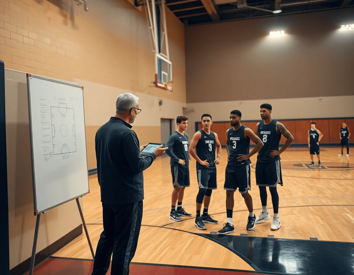 Coach demonstrates basketball play designer app by dragging plays on a tablet beside the basketball court.