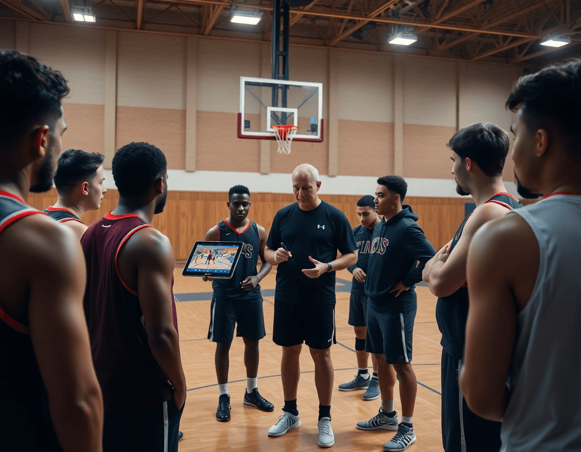 Video clip review session for basketball play designer app on court, players watch and discuss.