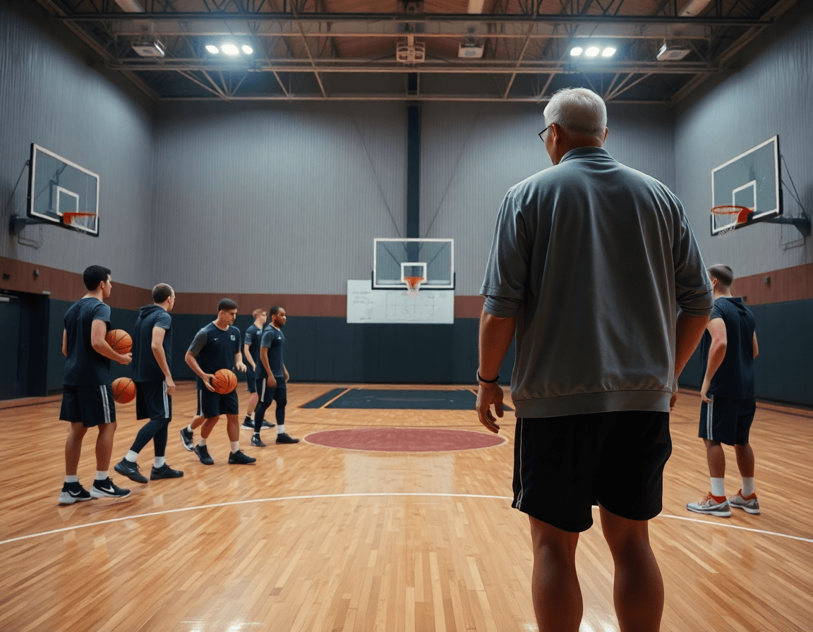 Wide-angle basketball gym moment with coach guiding basketball plays on the hardwood.
