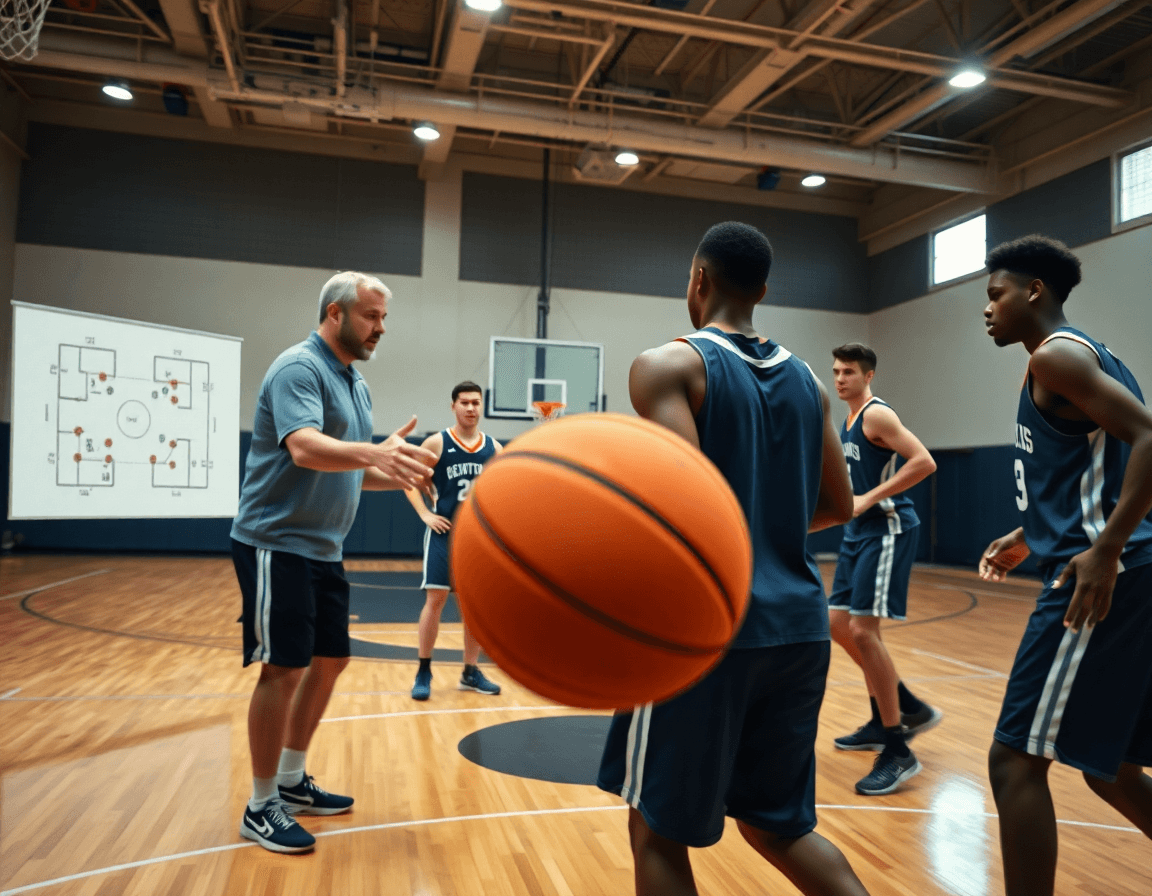 Close-up on coach and players during a basketball play designer drill.