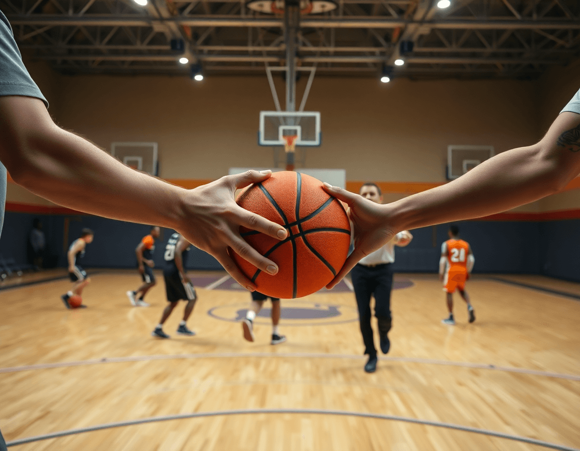 Hands passing an orange basketball with a whiteboard diagram nearby.