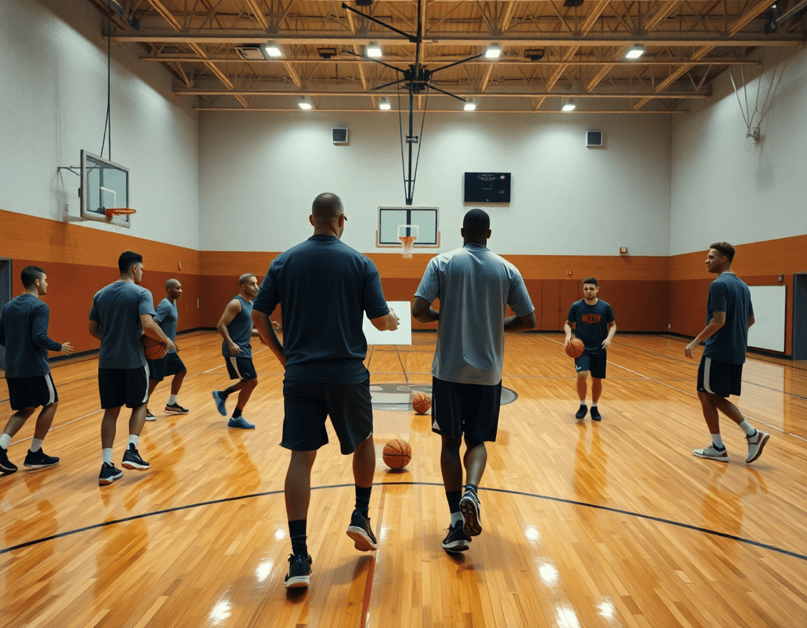 Wide-angle shot of coach guiding players running a basketball play on court.