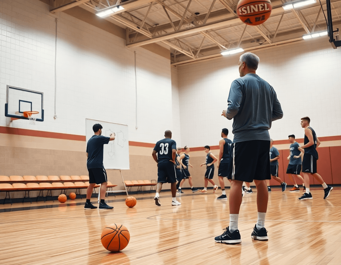 Wide angle basketball play designer scene with coach, players on the court during practice.