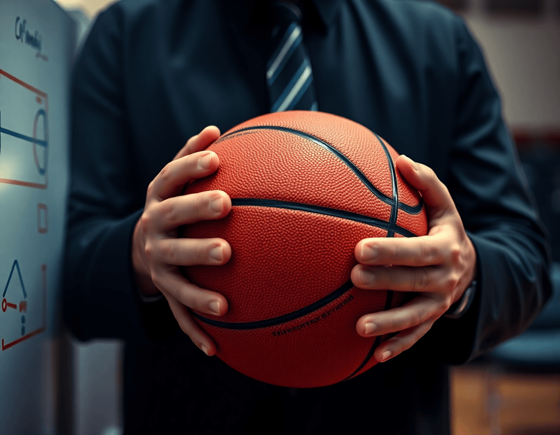 Close-up of hands with a basketball as he sketches basketball plays on the whiteboard.