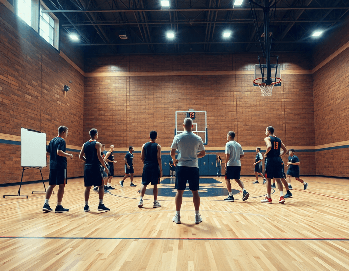 Wide shot of a basketball team on hardwood court with a coach drawing basketball plays.