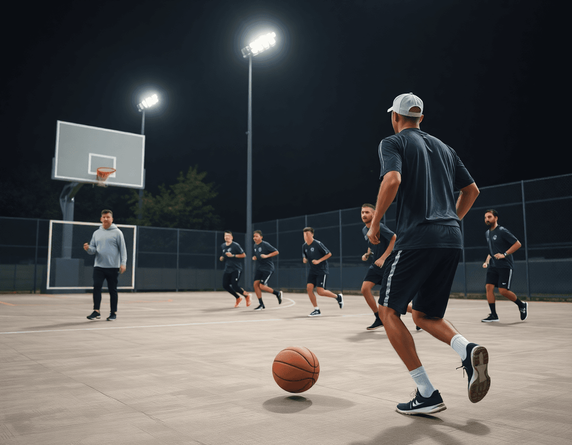 Close-up of a basketball on outdoor concrete as a coach uses basketball play diagram app on a tablet.