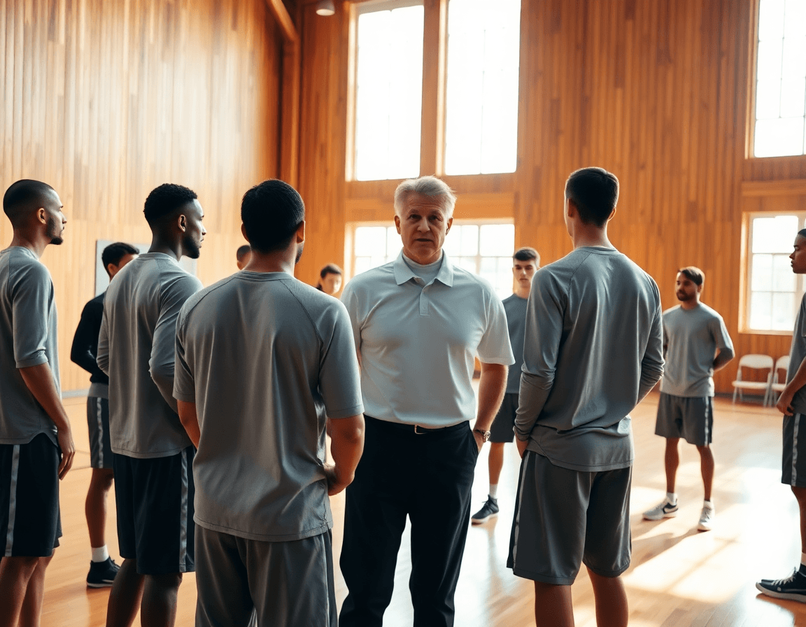 Wide cinematic basketball gym scene with a coach guiding players on a hardwood basketball court.