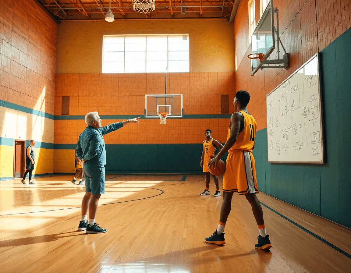 Coaches review basketball play diagram sheets beside a laptop, while players run drills on the hardwood.