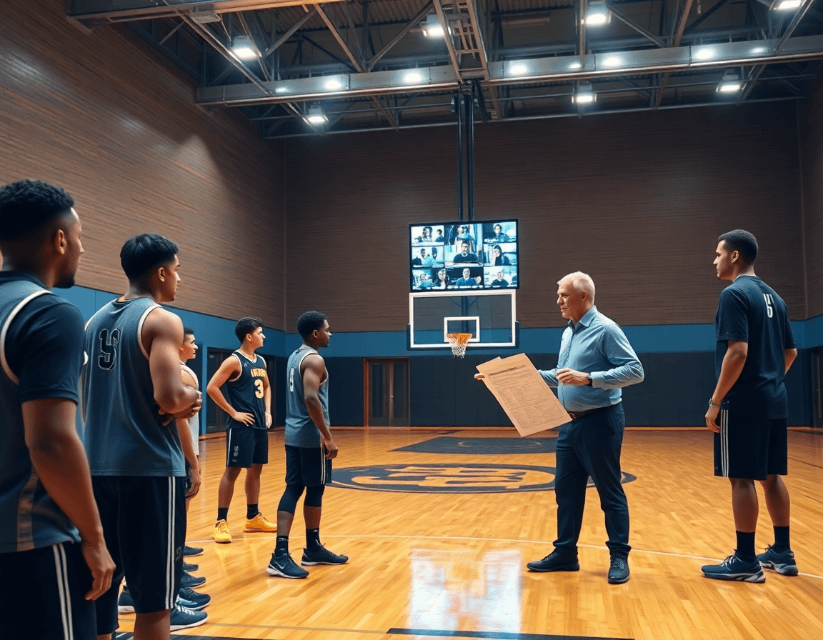 A teaching moment with basketball play diagram sheets projected near the court and players listening intently.