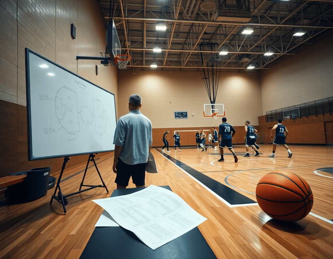 Basketball play diagram sheets sit on the bench as players practice on the hardwood.