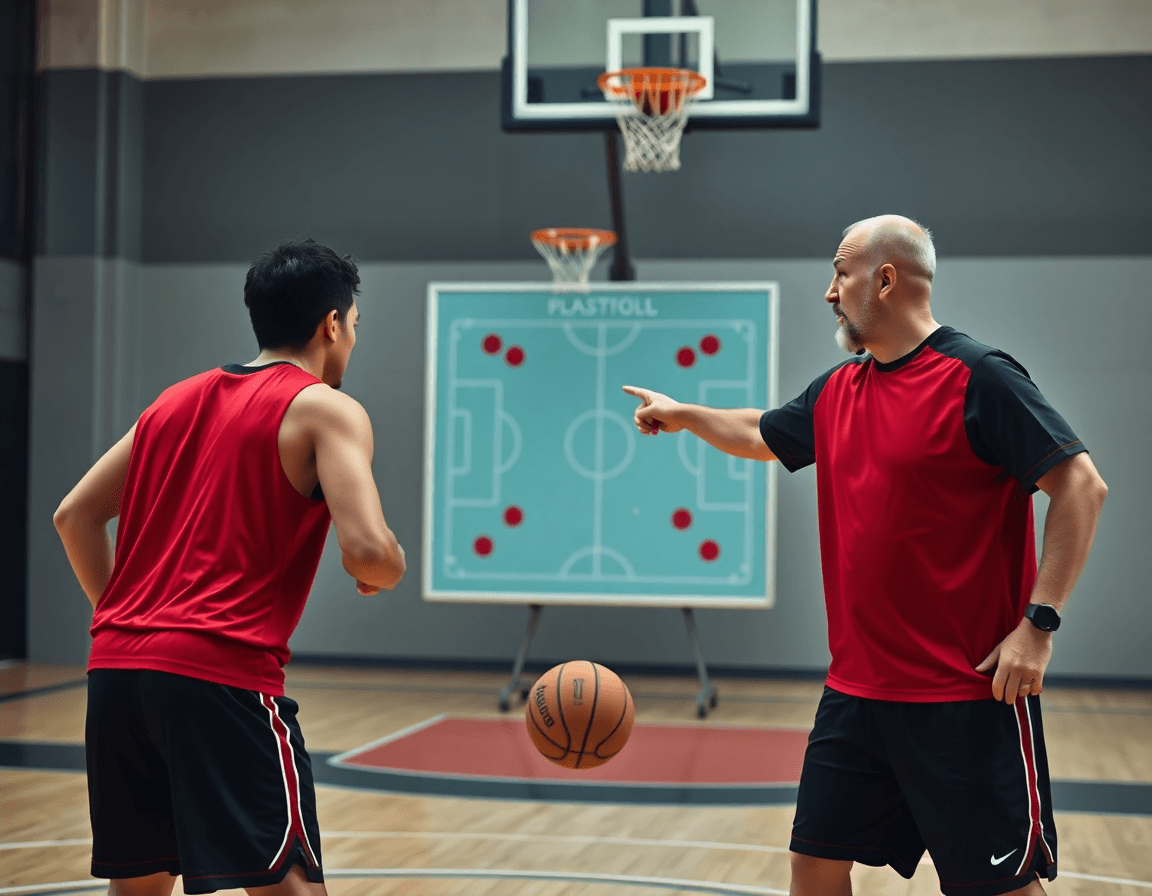 Close-up on hands and a basketball play diagram during drill in the gym with players in training kits.