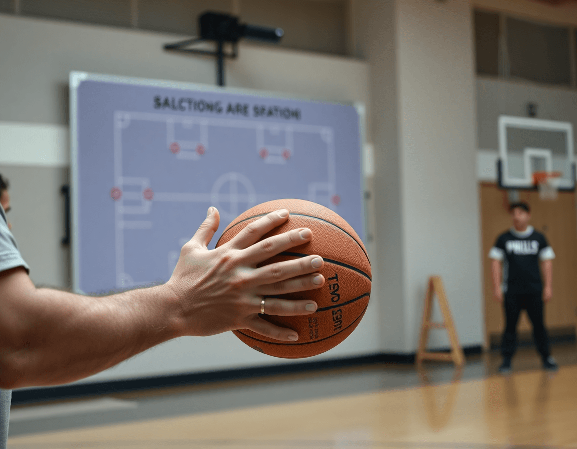 Close-up: hands passing a basketball while the coach explains spacing on basketball play diagram displayed on the whiteboard.