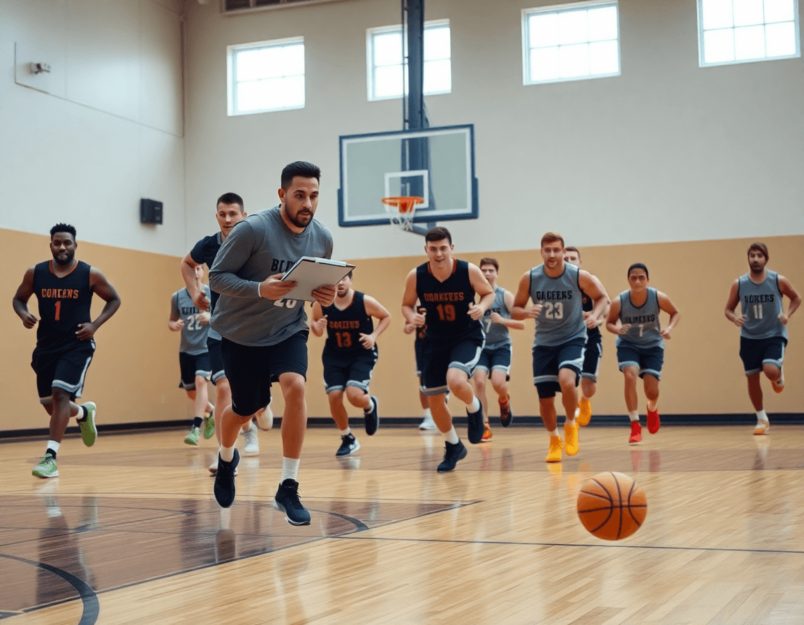 Full-court drill as players sprint and an orange basketball bounces under gym lights.