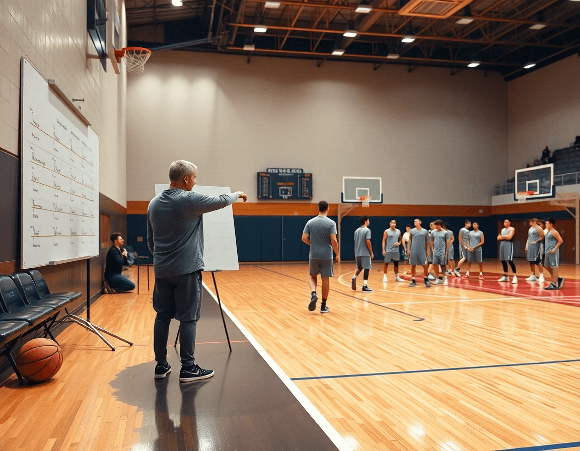 Wide shot of a basketball play diagram moment as a coach guides the team.