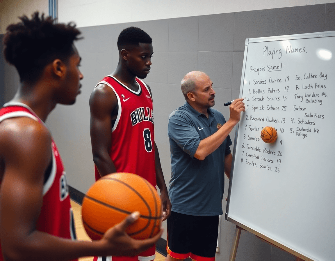 Two players drill as a coach writes basketball play names on a whiteboard; orange basketball nearby.