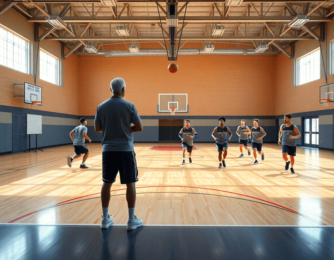 Wide shot of a basketball gym where a basketball play names generator guides the coach's whiteboard.