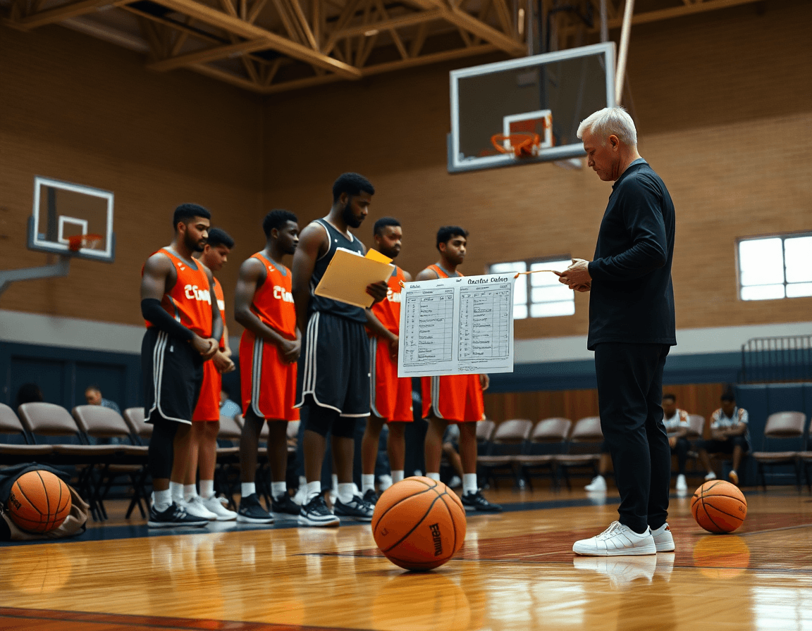 Coach studies basketball play sheets with notes on a tablet and printed pages for rotations.