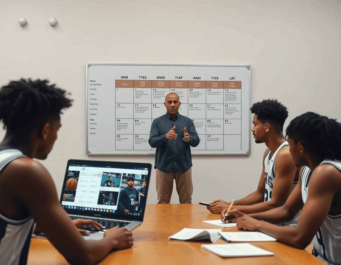 Coach leads weekly basketball workflow with basketball play sheets with notes beside a whiteboard calendar.