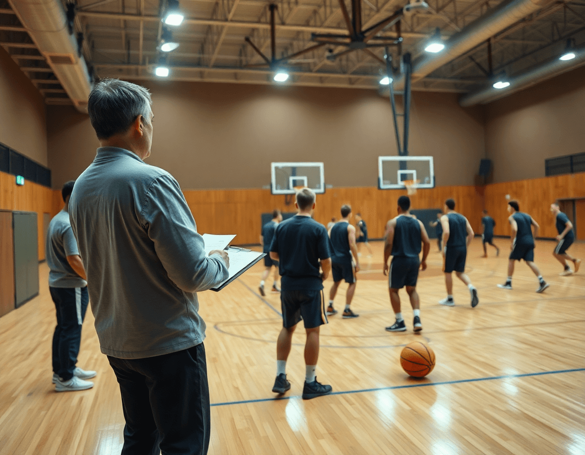 Wide gym scene showing basketball play sheets with notes visible on a clipboard beside players.