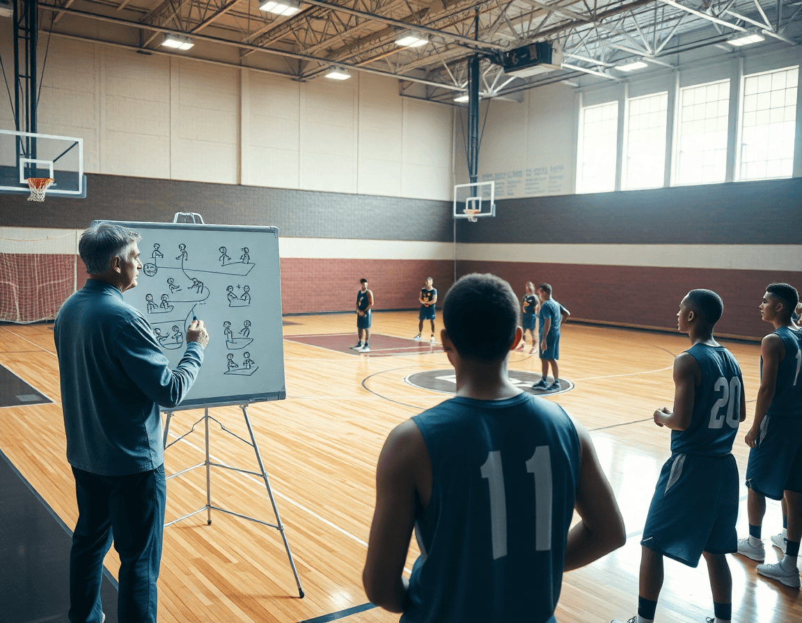 Coach drawing plays on whiteboard while players study with basketball playbook app at court side.