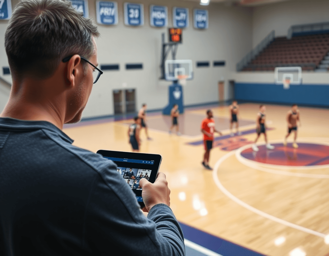 On-court action with a tablet showing basketball playbook app guides players through the clip playlist.