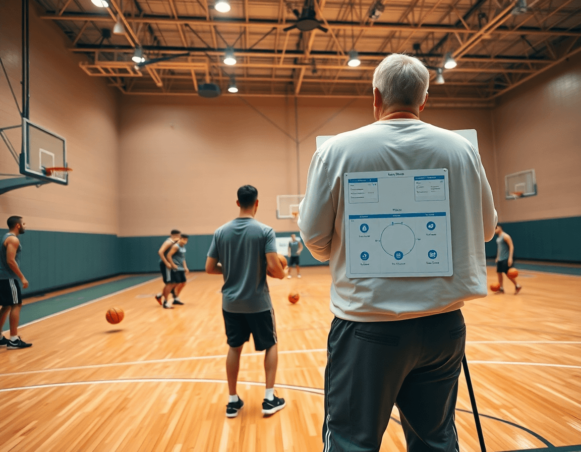 Wide-angle basketball gym scene shows a coach using a basketball playbook app during team practice.
