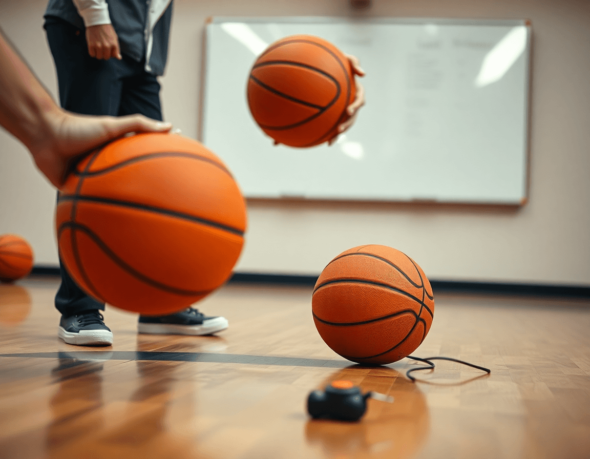 Close-up of hands passing the basketball while a second basketball rests on the hardwood.