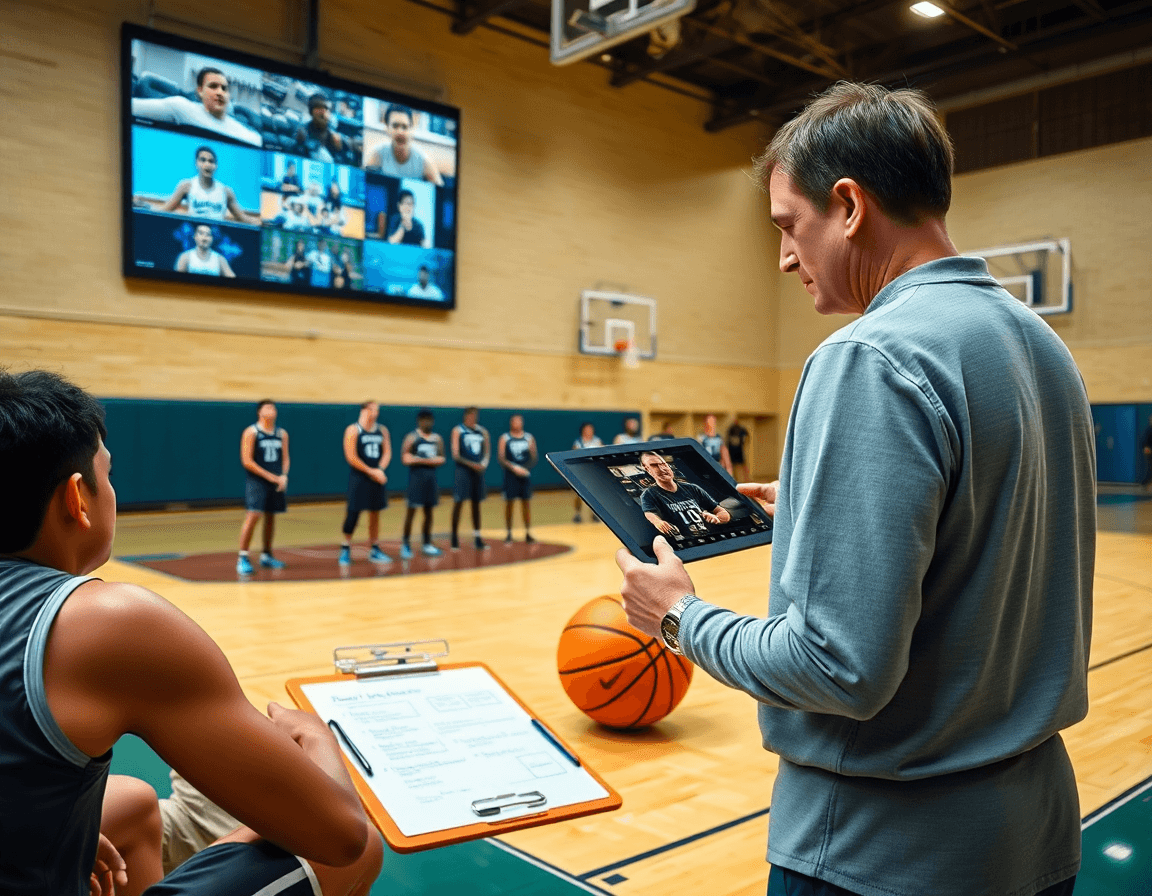 Wide-angle view of players watching video clips as the basketball playbook pdf guides adjustments.